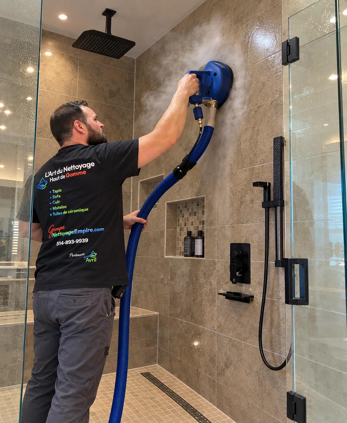 Technicien Empire nettoyant à la vapeur les murs de douche en céramique texturée