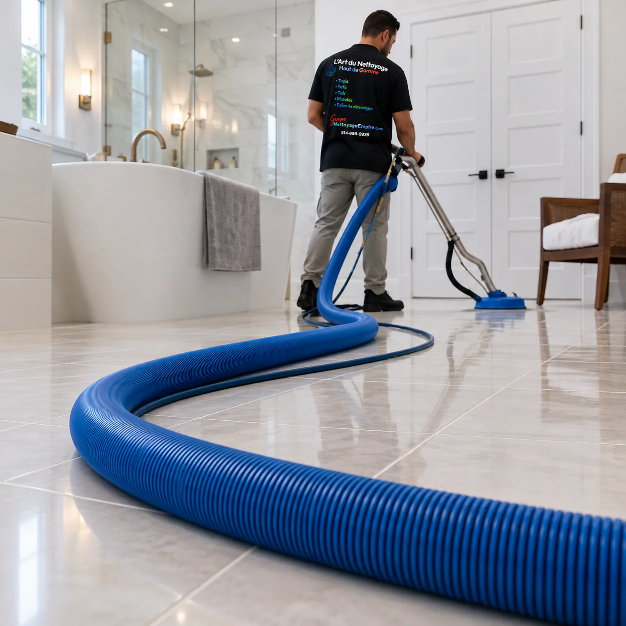 Technicien Empire nettoyant un plancher de tuiles dans une salle de bain moderne
