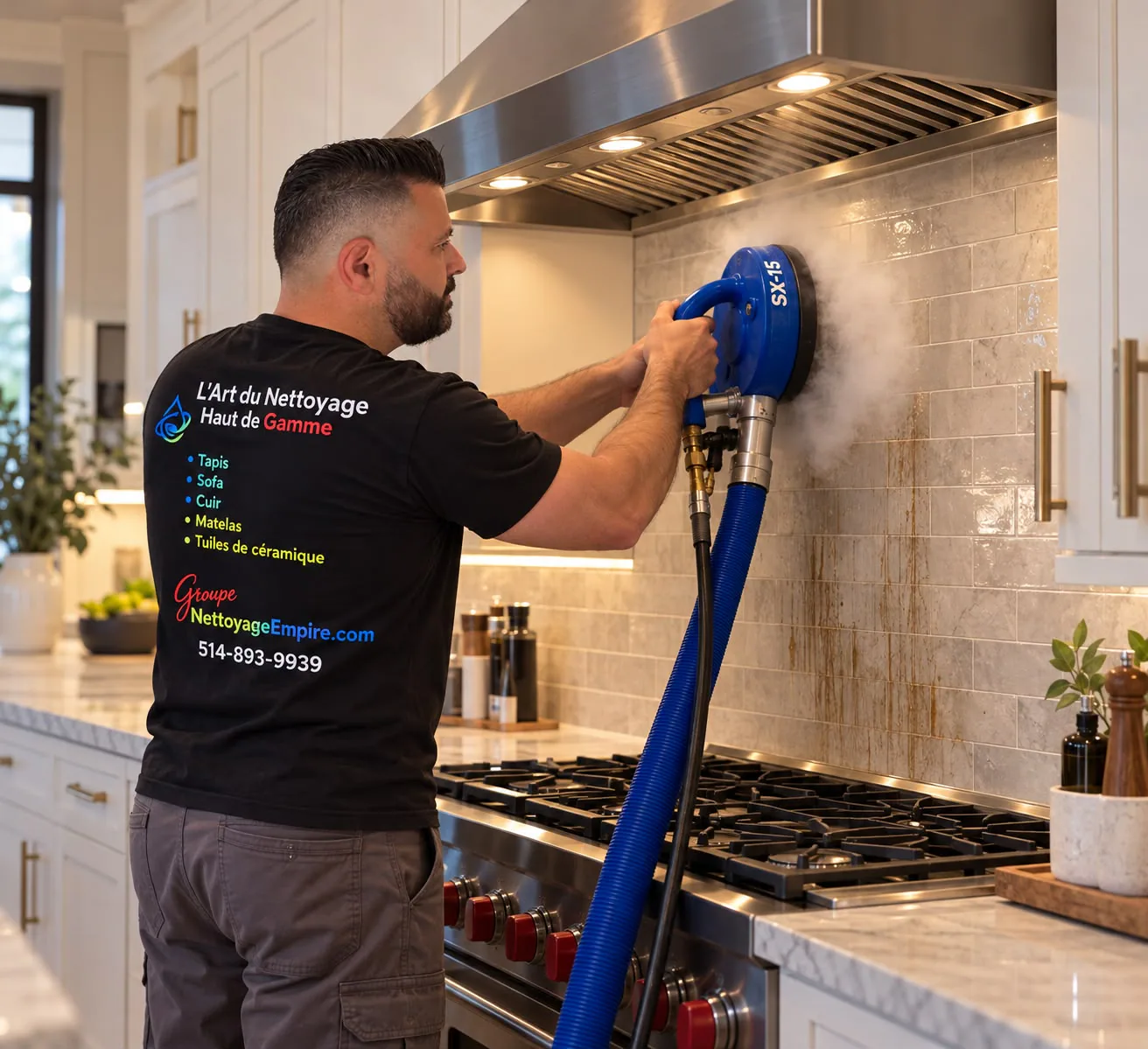 Technicien Empire nettoyant à la vapeur un dosseret de cuisine en céramique derrière une cuisinière