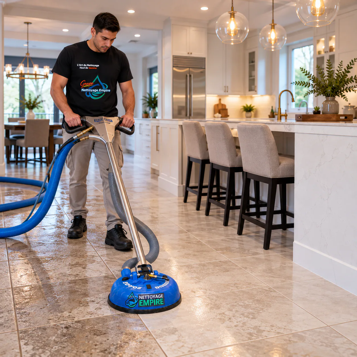 Technicien Empire avec équipement turbo sur plancher de céramique dans une cuisine moderne