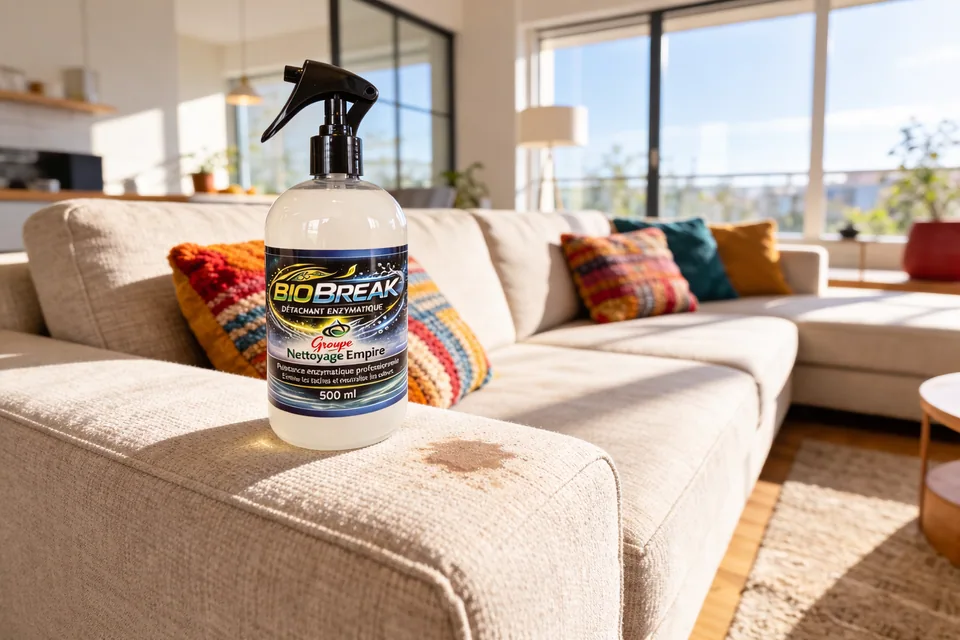 Exemple de tache localisée sur tissu de divan — test sur zone discrète et respect des consignes textile