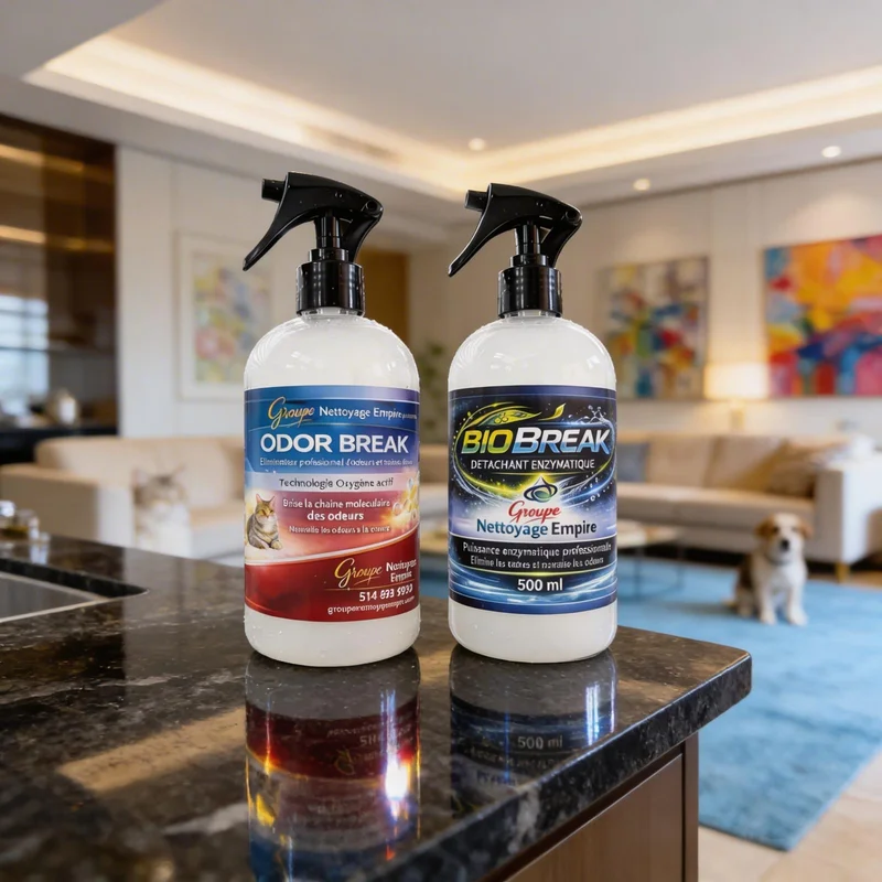 Produits Odor Break et BioBreak de Groupe Nettoyage Empire — neutralisation des odeurs et détachant enzymatique