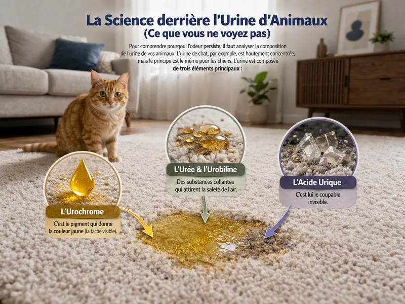 Cristaux d'acide urique dans les fibres de tapis vus au microscope